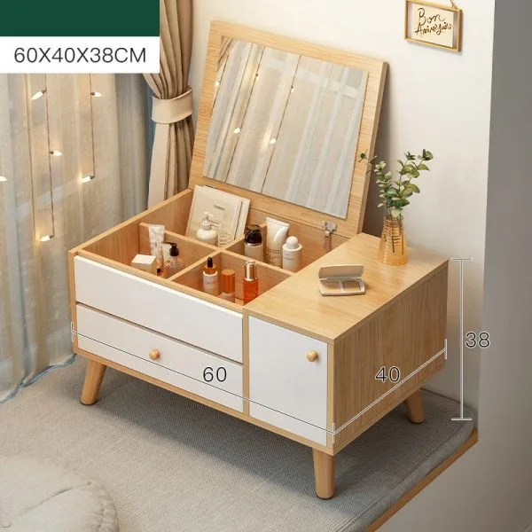 Meja rias multifungsi dengan cermin lantai tanpa LED. Penyimpanan berpartisi pada meja rias tanpa LED. Meja rias minimalis untuk apartemen kecil.