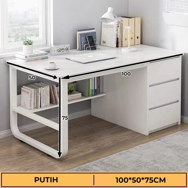 Homedoki Meja Kantor / Meja Komputer / Meja Kerja Minimalis / 100cm Meja Belajar / Meja Kantor Dengan Laci HD003 White