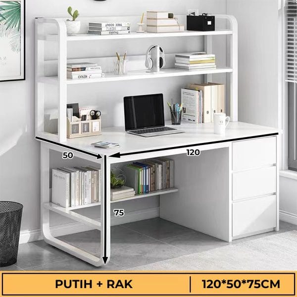 Meja Kantor / Meja Komputer / Meja Kerja Minimalis / 120cm Meja Belajar / Meja Kantor Dengan Laci + Rak HD003 White 120 Shelf