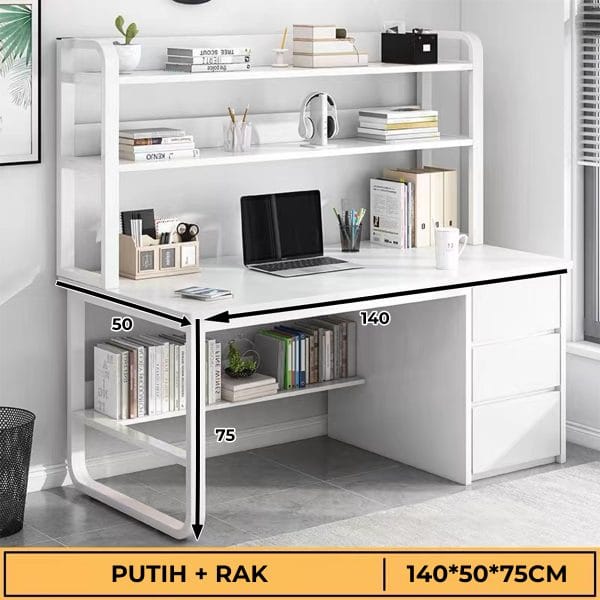 Meja Kantor / Meja Komputer / Meja Kerja Minimalis / 140cm Meja Belajar / Meja Kantor Dengan Laci HD003-White-140-shelf