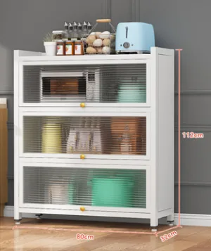 Rak dapur multi-layer dengan pintu flipper untuk penyimpanan piring dan gelas.