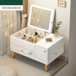 Meja rias cermin lantai putih di sudut apartemen kecil Meja rias multifungsi dengan partisi penyimpanan makeup dan aksesoris.