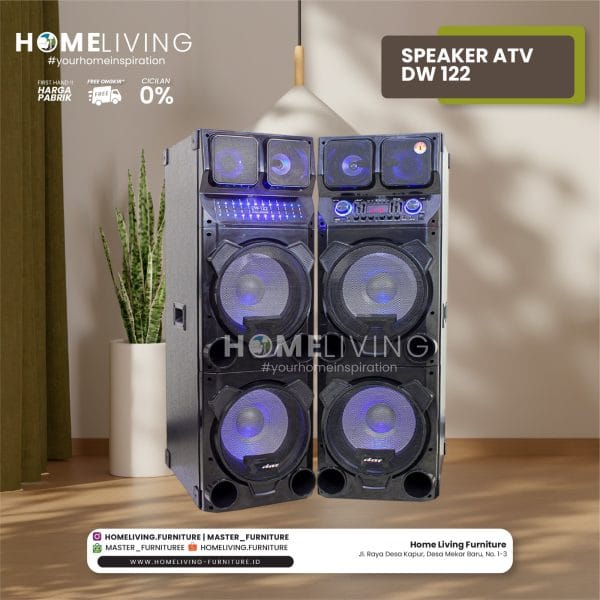 Speaker aktif DAT dengan double subwoofer 12 inci. Desain modern speaker aktif dengan LED display. Speaker aktif DAT cocok untuk karaoke di rumah. Tampilan close-up subwoofer 12 inci speaker DAT. Fitur remote control pada speaker aktif DAT. Guitar input untuk musisi di speaker aktif DAT. Kompatibilitas Bluetooth pada speaker DAT. Speaker aktif dengan amplifier built-in 160 watt. Speaker aktif DAT dengan ukuran box 44x53x124 cm. Speaker aktif DAT dipadukan dengan perangkat gitar.