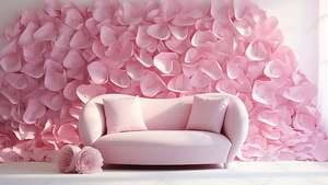 Bantal sofa berwarna pink dan merah menghiasi ruang tamu. Hiasan dinding berbentuk hati dari kertas warna-warni. Meja makan dengan dekorasi lilin dan bunga segar. Lampu string lights menghiasi sudut ruangan dengan cahaya hangat. Lilin aromaterapi dengan aroma lavender di atas meja. Galeri foto kenangan pasangan di dinding ruang tamu. Tanaman hias dengan bunga merah di sudut ruangan. Sudut bersantai dengan karpet lembut dan bantal empuk. Balon berbentuk hati berwarna merah dan pink menghiasi kamar tidur. Speaker kecil memutar musik romantis di ruang keluarga.