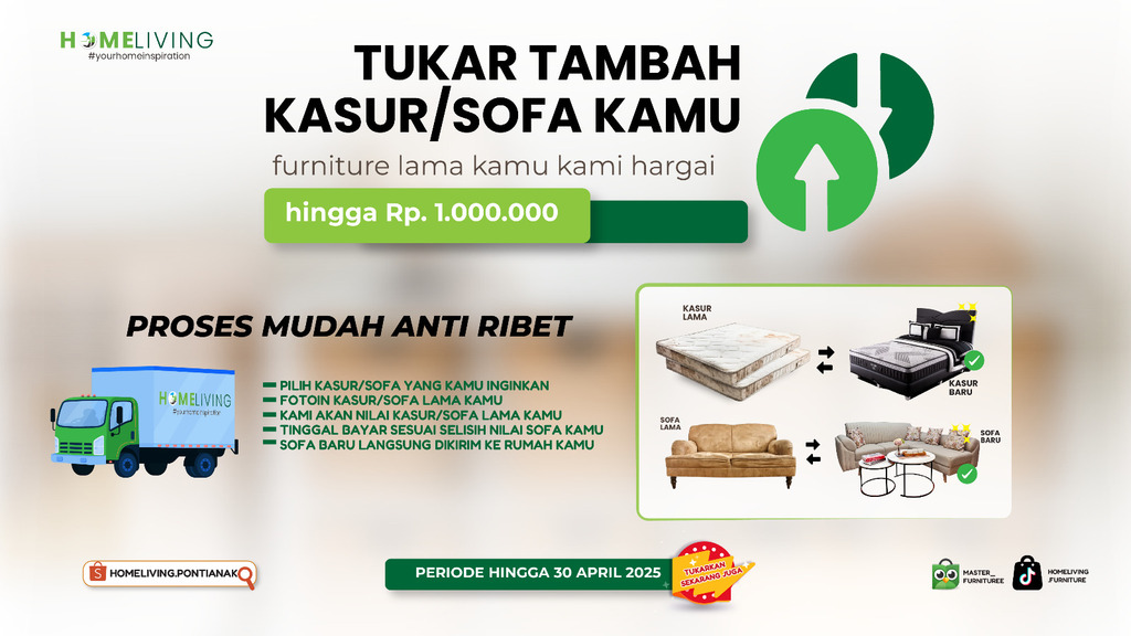 Sofa baru minimalis di ruang tamu modern Proses tukar tambah kasur lama di toko Homeliving Pelayanan customer service Homeliving yang ramah Display sofa dan kasur terbaru di showroom Homeliving Pengambilan sofa lama oleh tim Homeliving Interior rumah dengan sofa baru hasil tukar tambah Kasur memory foam baru dari Homeliving Penilaian furniture lama oleh staf Homeliving Pelanggan senang setelah tukar tambah di Homeliving Sofa empuk dan nyaman tersedia di Homeliving Pontianak