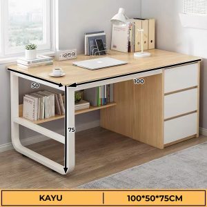 Meja Belajar Minimalis Kayu 100×50×75cm Rak Buku & 3 Laci – Meja Kerja Meja Laptop untuk Kamar Belajar / Home Office