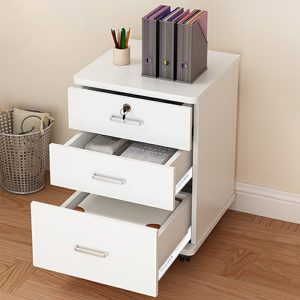 Laci kantor putih HD017 dengan tiga laci terbuka untuk penyimpanan.