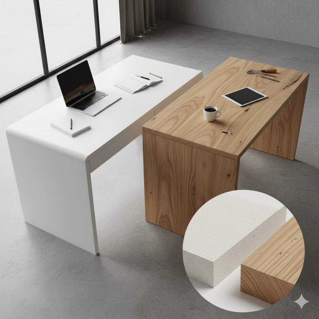 perbedaan mdf dan kayu solid Perbandingan visual meja MDF dengan meja kayu solid