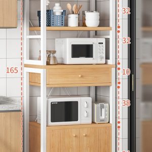 Rak Oven Microwave HD019-Type2 dengan desain kayu dan rangka baja putih