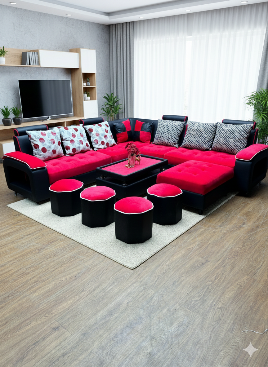 Sofa L beranaq in living room gen by Gemini Sofa L Beranaq minimalis modern dari Homeliving untuk ruang tamu elegan