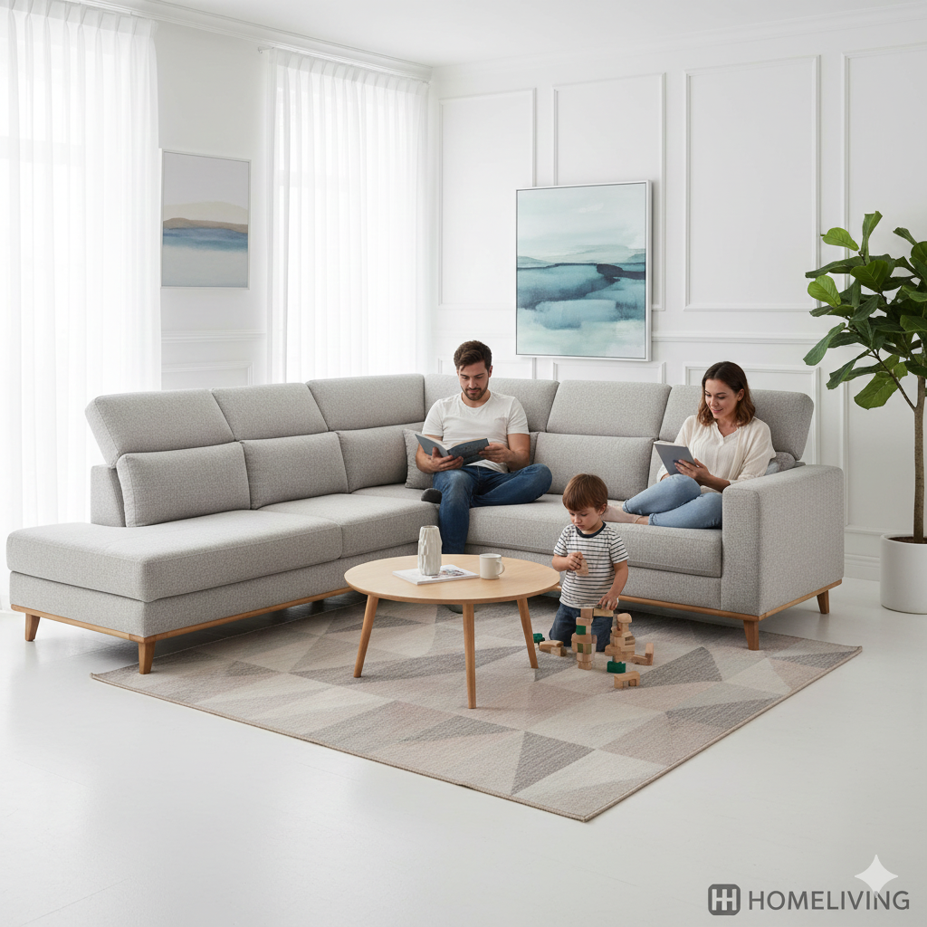 Sofa L untuk ruang tamu2 gen by Gemini Sofa L minimalis modern warna abu-abu dengan rangka kokoh, cocok untuk ruang tamu elegan dan nyaman keluarga