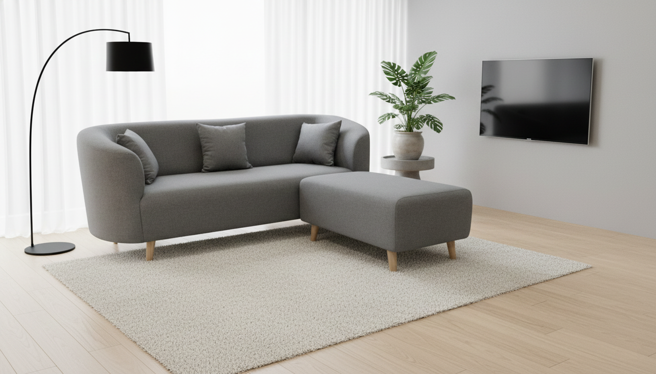 Sofa 3.1 Milena Curve warna abu-abu desain modern minimalis dengan ottoman, tampilan elegan untuk ruang tamu