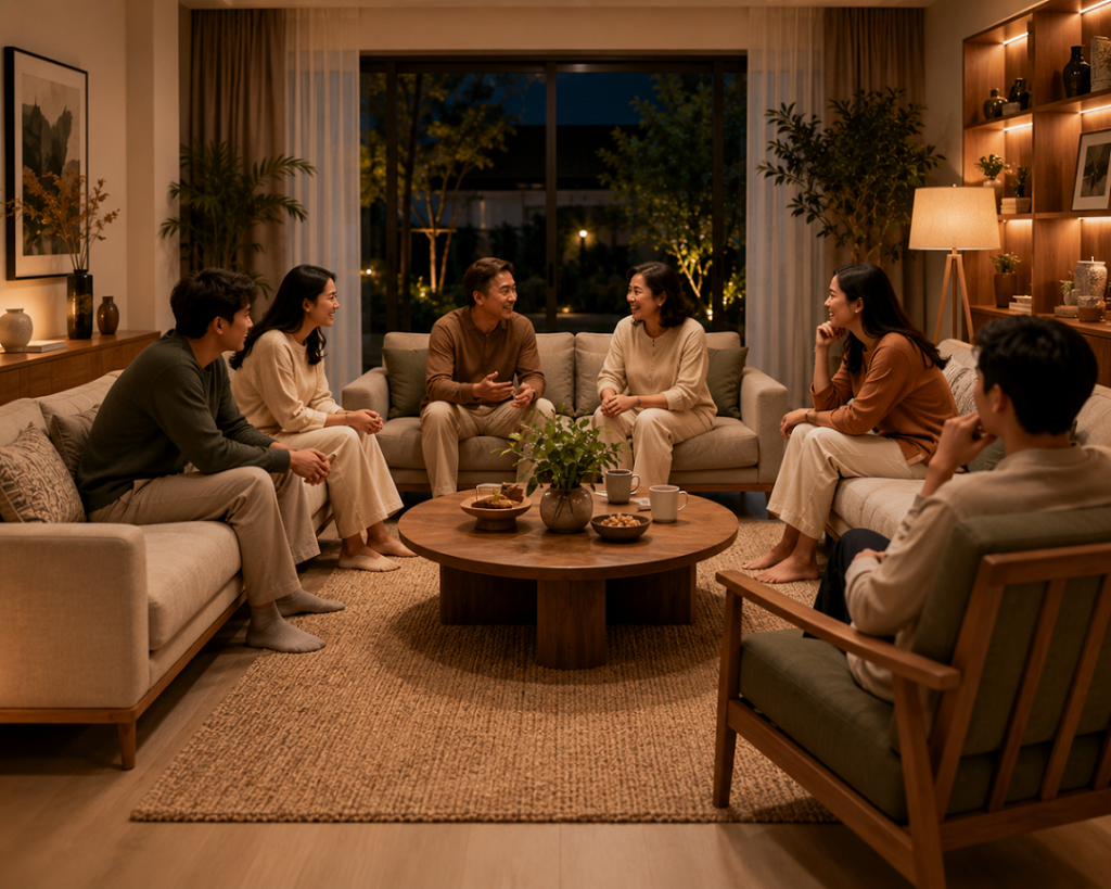 Ruang tamu modern dengan sofa yang saling berhadapan mengelilingi meja kopi di tengah, menciptakan suasana hangat untuk berkumpul dan mengobrol bersama keluarga.