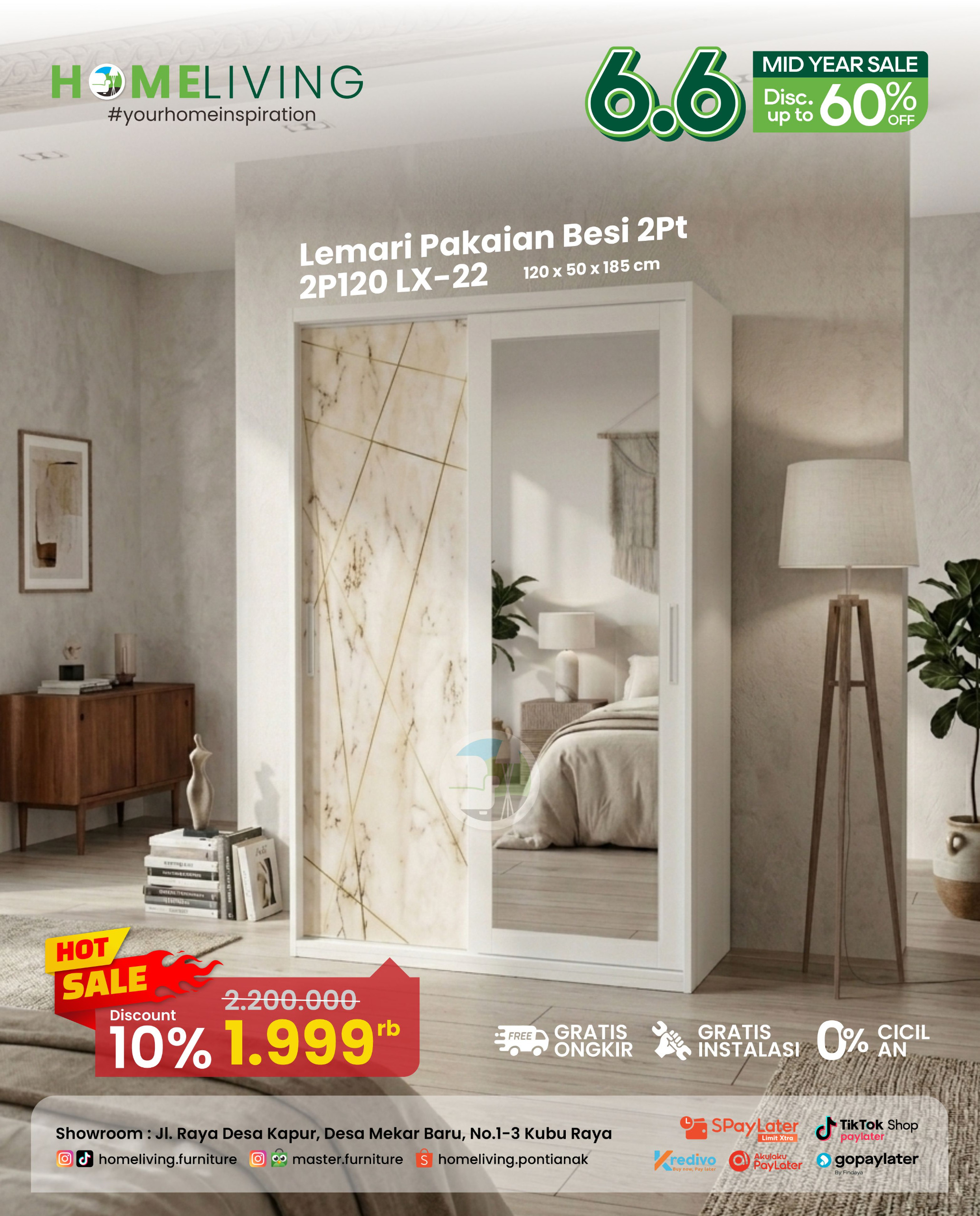 HOMELIVING Lemari Pakaian Besi 2 Pintu Sliding LX Series – Modern, Kokoh & Elegan