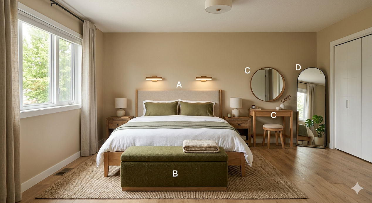 Kamar tidur utama Kamar tidur utama minimalis bergaya Japandi dengan palet warna bumi (earth tone). Menampilkan ranjang kayu dengan sprei putih dan aksen bantal hijau zaitun (A), bangku storage ottoman panjang berwarna hijau di ujung tempat tidur (B), meja rias kayu dengan stool bulat (C), dan cermin lantai standing mirror model arch di sudut ruangan (D) di atas lantai kayu.