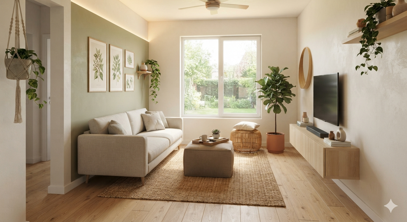 Ruang tamu minimalis Desain interior ruang tamu minimalis berukuran 3x4 meter dengan konsep warna bumi atau earth tone. Menampilkan sofa minimalis kain beige di bawah dinding aksen hijau sage, bangku ottoman kotak warna cokelat taupe di atas karpet rami, stool rotan bulat di sudut dekat tanaman hias, jendela besar dengan pemandangan taman luar, dan cermin lantai standing mirror besar di dekat meja TV kayu gantung.